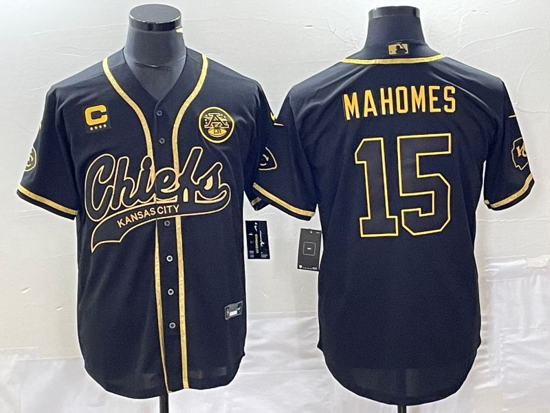 Men Kansas City Chiefs #15 Mahomes Black Gold Co Branding Game NFL Jersey2